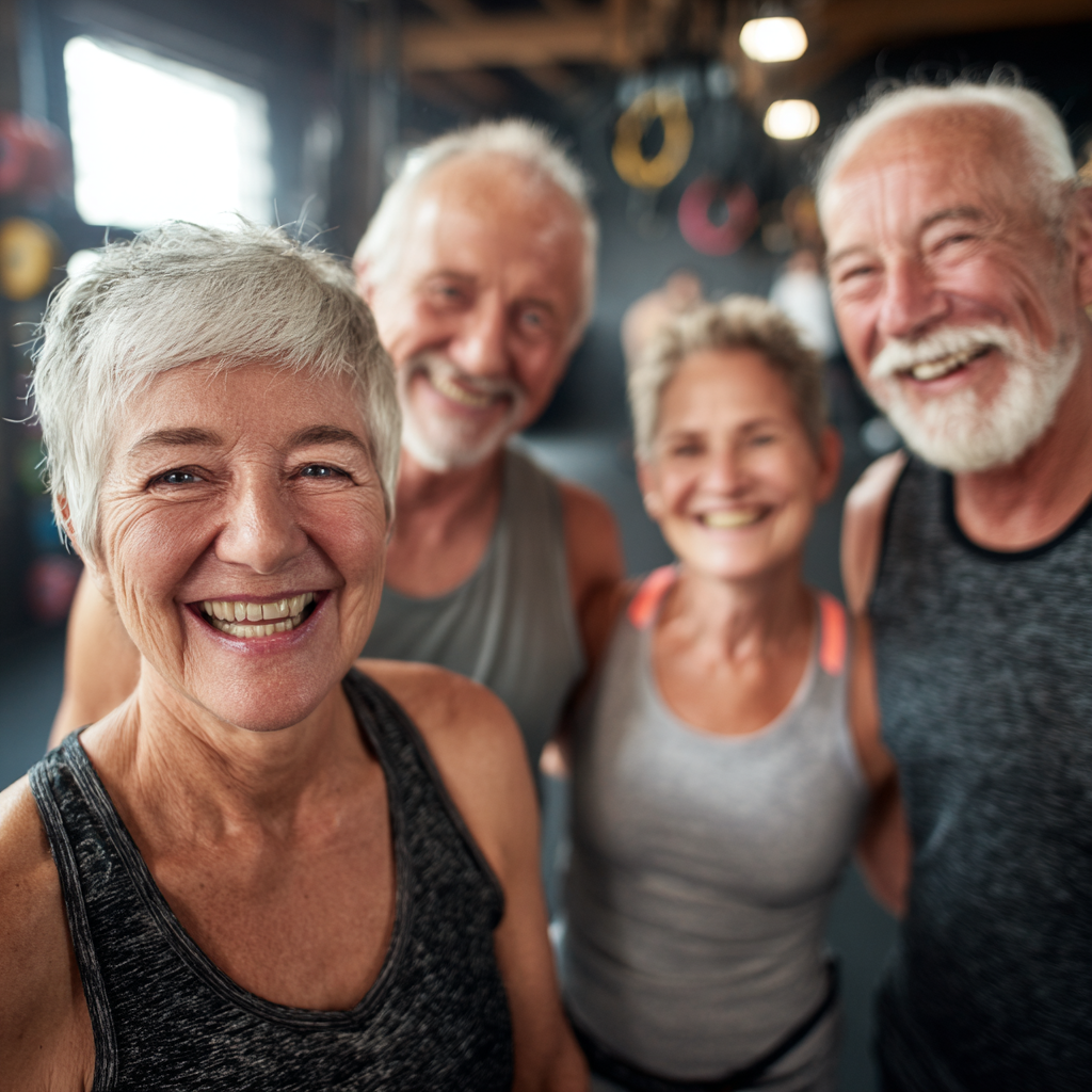 group of mature adults celebrating fitness achievements at kentorvush gym