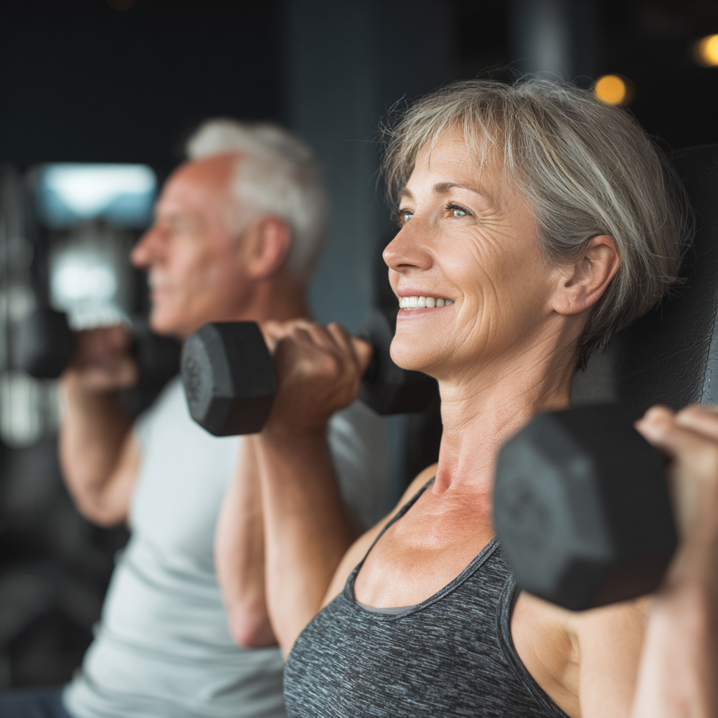 mature adults doing strength training exercises in modern fitness facility
