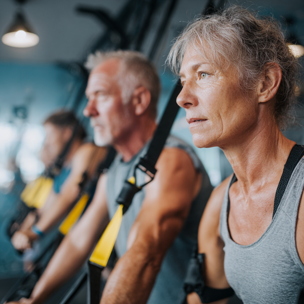 middle-aged people doing functional fitness exercises with TRX equipment